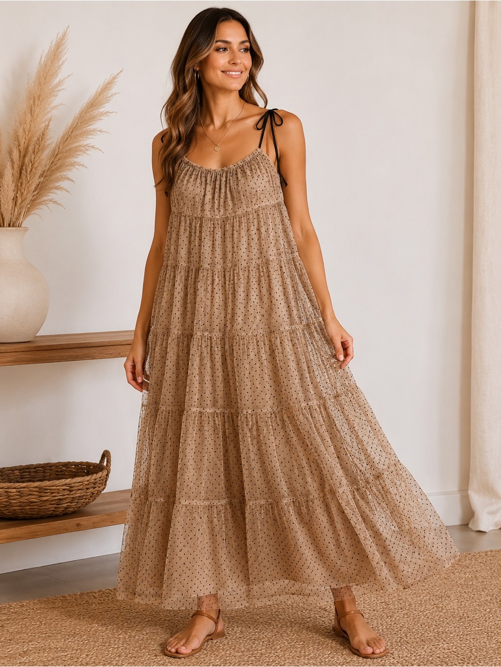 Tiered Polka Dot Tulle Maxi Dress